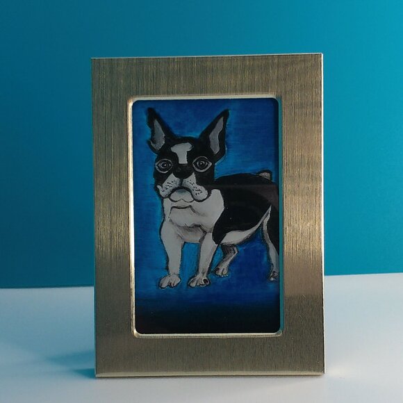 Mini dog Boston Terrier 2"x3" within a new silver color metal Frame - Picture 4 of 6